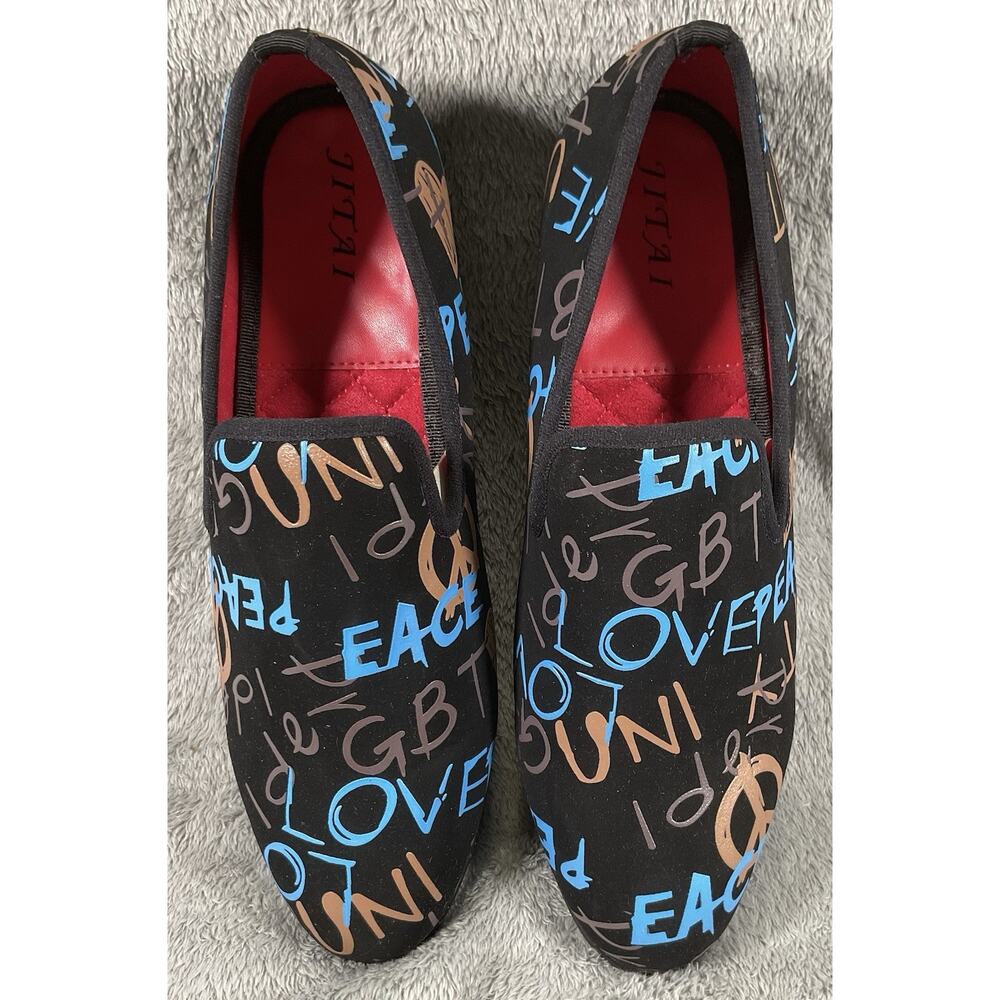 JITAI Mens Size 9 Black Graffiti Print Slip On Loafers Love Peace Shoes